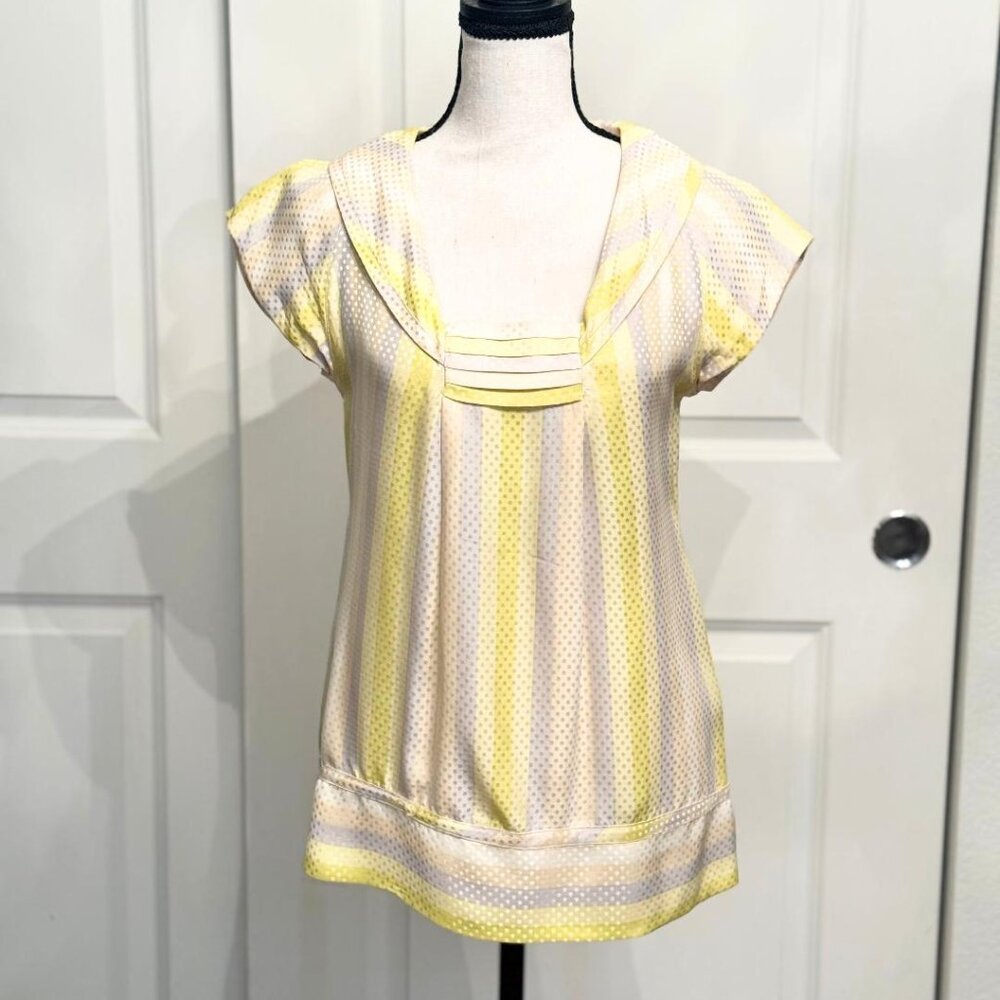 Marc Jacobs Yellow Gray Stripes and Dots Silk Short Sleeve Blouse, Size S/M